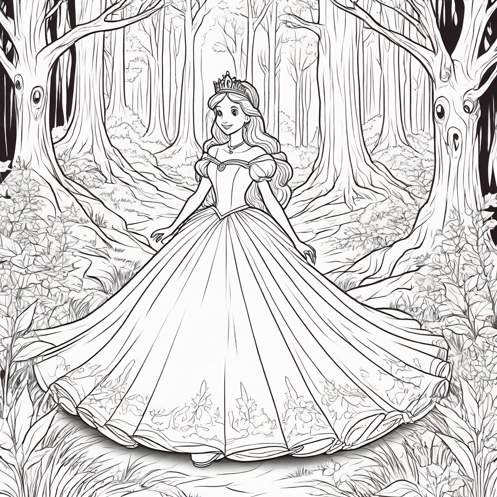 AI coloring page - princess in the woods